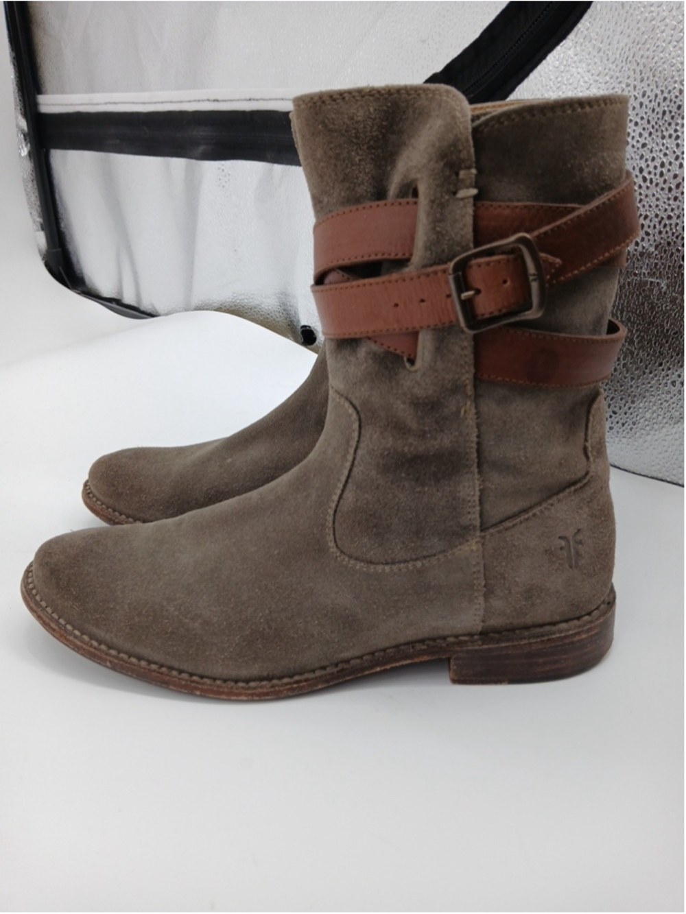 Frye Womens Shirley Strappy Short Boots Women's Sz 7.5 Suede Pull On Booties Tan